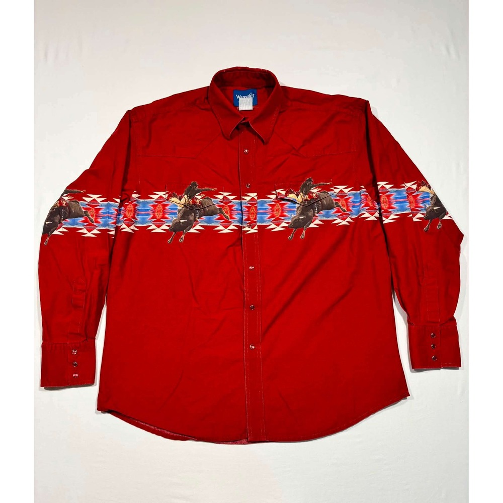 Wrangler Western Shirt Mens XL Red Pearl Snap Bucking Bronco Rodeo Southwestern